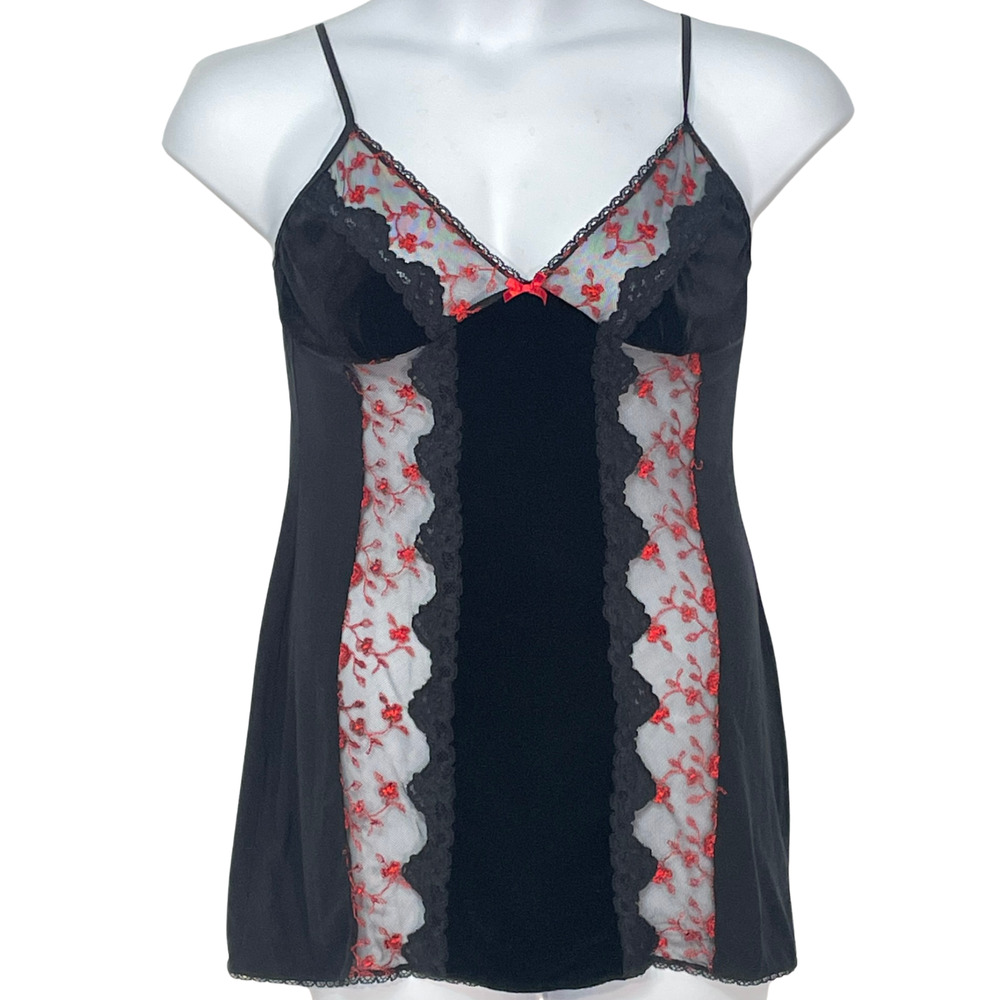 3/$20 In Bloom by Jonquil Sz S Black Velvet Lace  Red Roses Chemise Boudoir